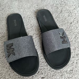 Michael Kors Women's Slide Sandals Black Silver Glitter Chain MK Size 11